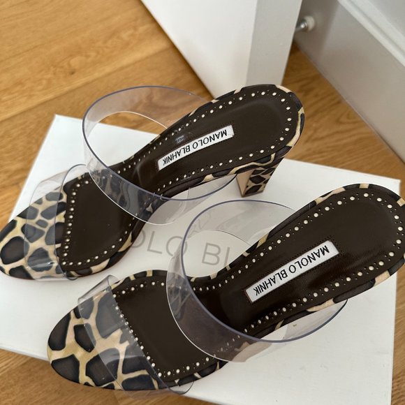 NWT Manolo Blahnik Scolto Slip-on Mules Sz 38.5 Clear ECO PVC Leopard - Picture 9 of 12
